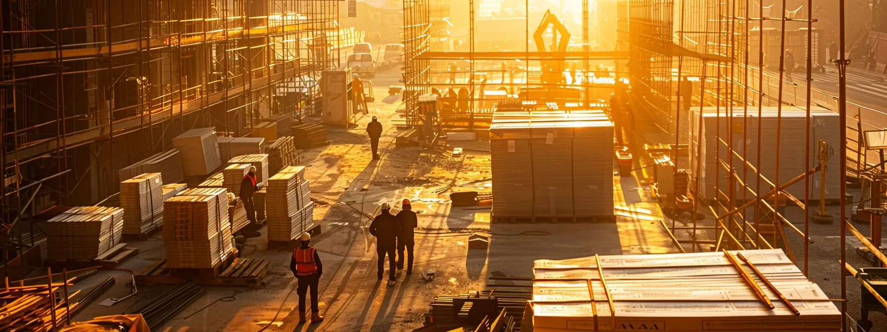 a bustling construction site bathed in warm golden sunlight showcases contractors engaged in thoughtful discussions, surrounded by organized stacks of documents and a visible bond agreement, symbolizing effective bond management and collaboration.