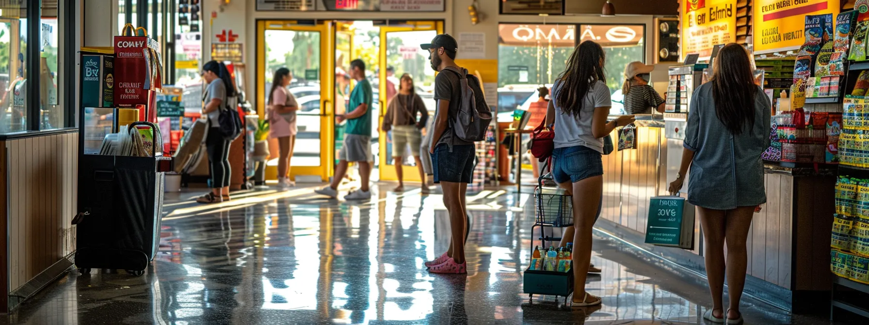 a busy florida storefront under bright sunlight showcases a diverse group of people engaging in daily activities, with a prominently displayed 'caution: wet floor' sign, symbolizing the importance of general liability insurance for businesses.