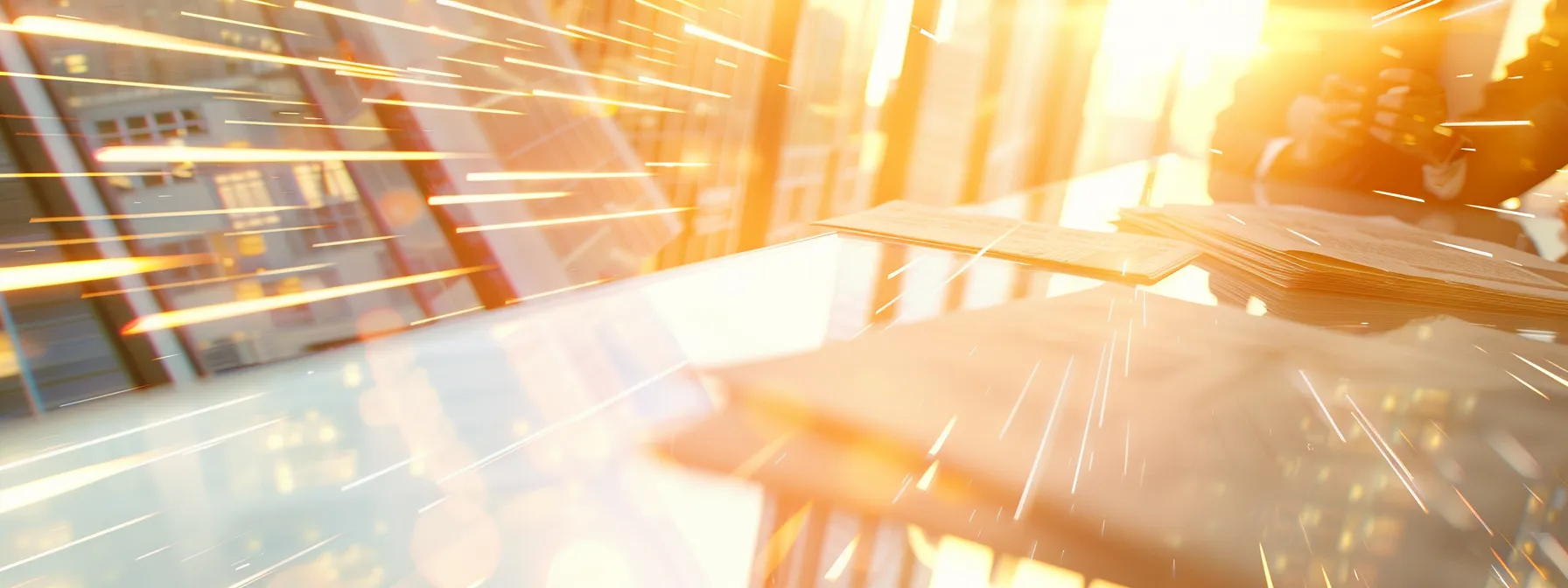 a close-up view of a diverse group of business owners, engaged in a serious discussion around a table filled with insurance documents, set against the backdrop of a bright florida skyline, symbolizing the importance of general liability insurance in safeguarding their enterprises.