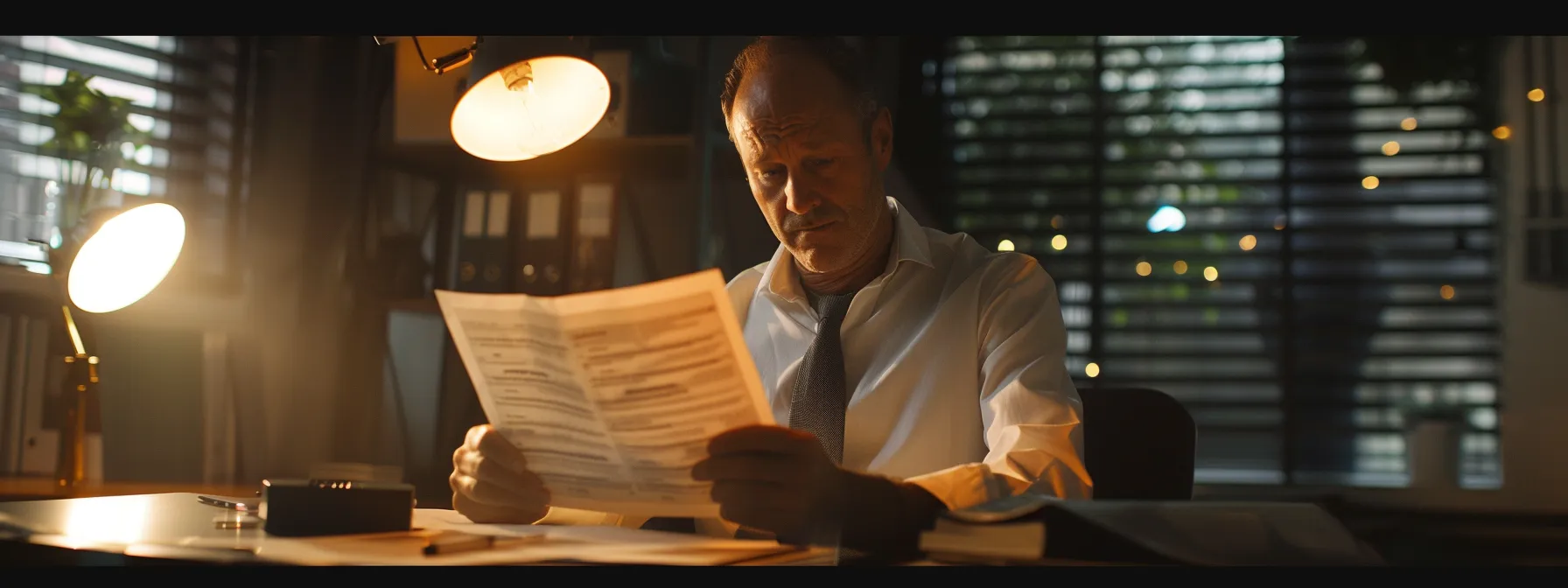 a confident business owner reviews a comprehensive insurance policy document in a well-lit office, embodying security and preparedness for workplace safety in florida.