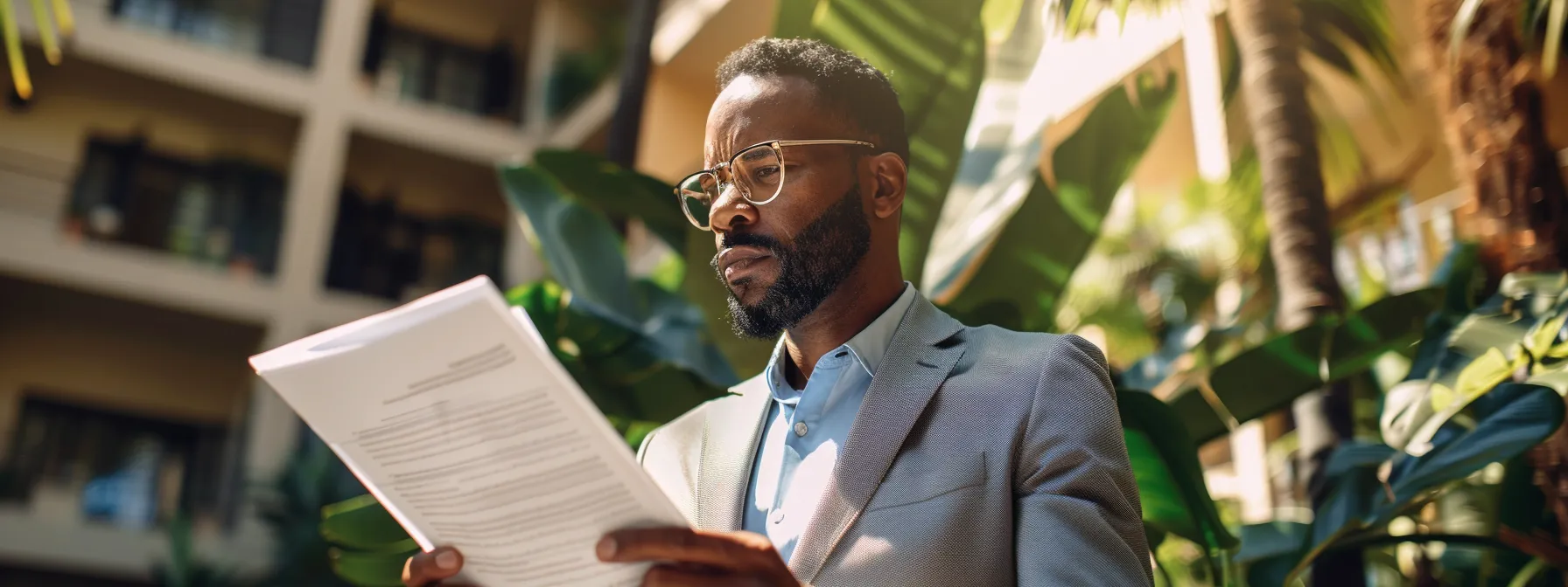 a confident business owner reviews a large, detailed insurance policy document on a sunny florida balcony, surrounded by tropical plants, emphasizing the importance of understanding legal obligations for general liability insurance.