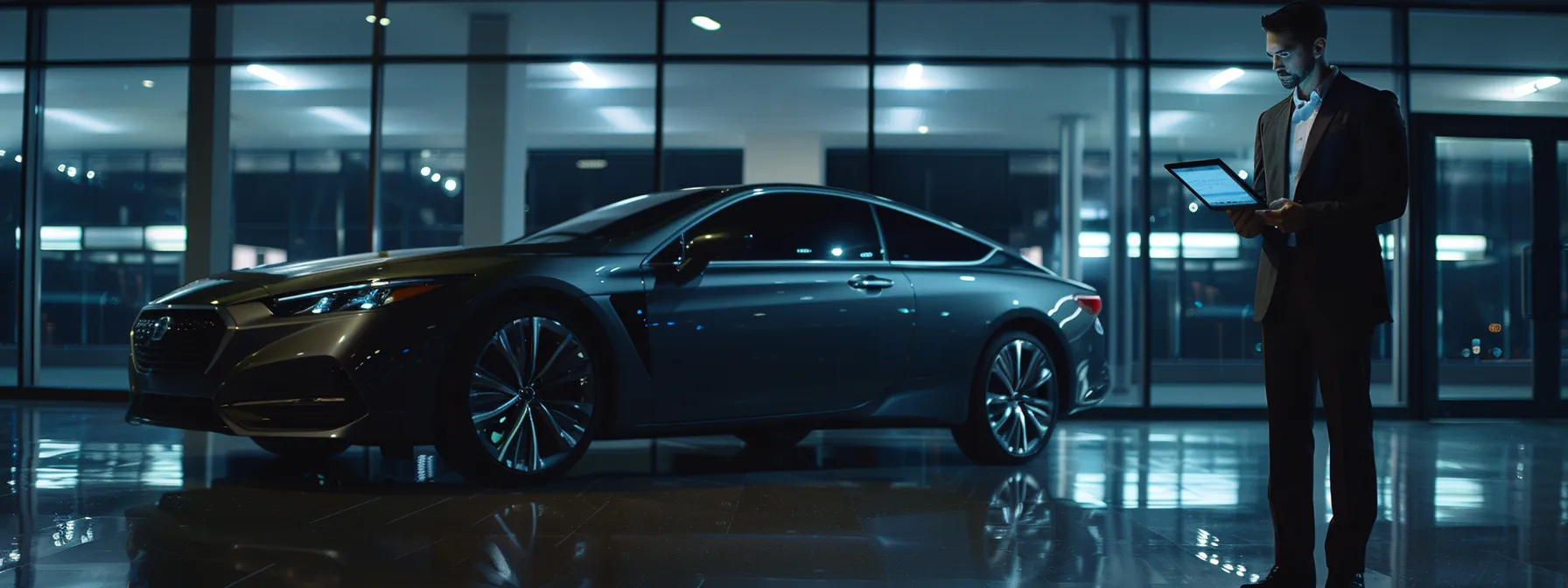 a confident new jersey used car dealer stands proudly next to a sleek car, studying a digital tablet displaying reputable surety bond options, with a bright and inviting dealership backdrop highlighting the importance of informed financial decisions.