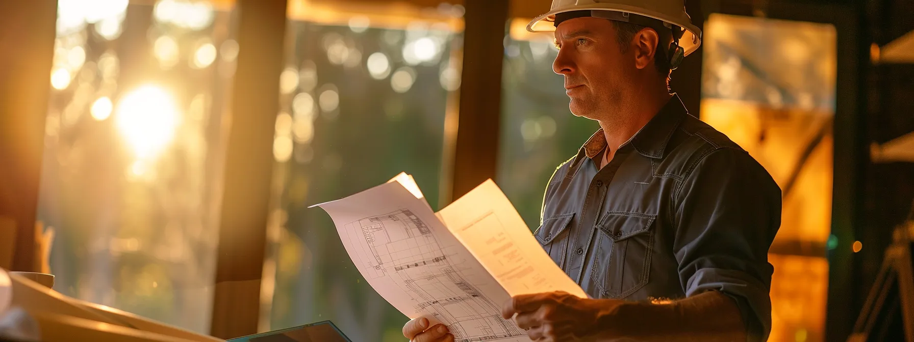 a focused composition captures a confident electrical contractor reviewing essential documents for bond application, surrounded by blueprints and contract materials under warm, inviting lighting that emphasizes professionalism and clarity.