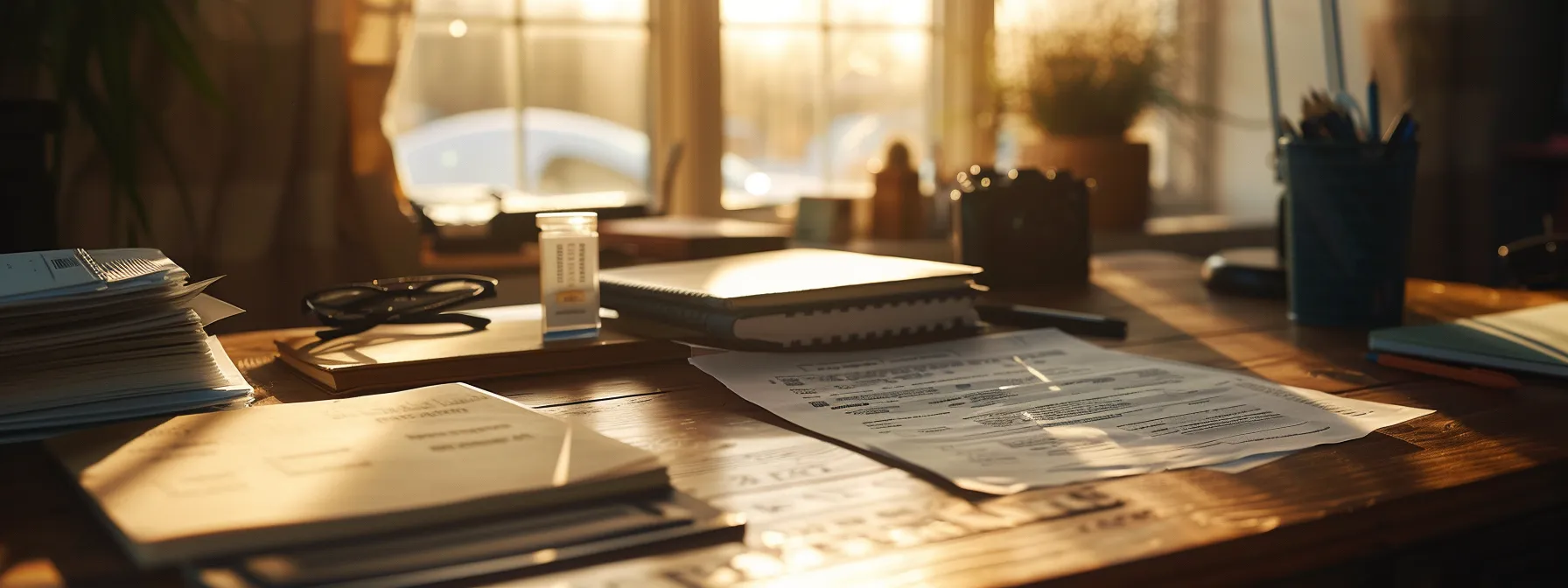 a focused shot of a well-organized desk featuring a neatly arranged used dealer bond application alongside essential documents like personal identification and financial statements, illuminated by natural light streaming through a nearby window, conveying a sense of professionalism and readiness.