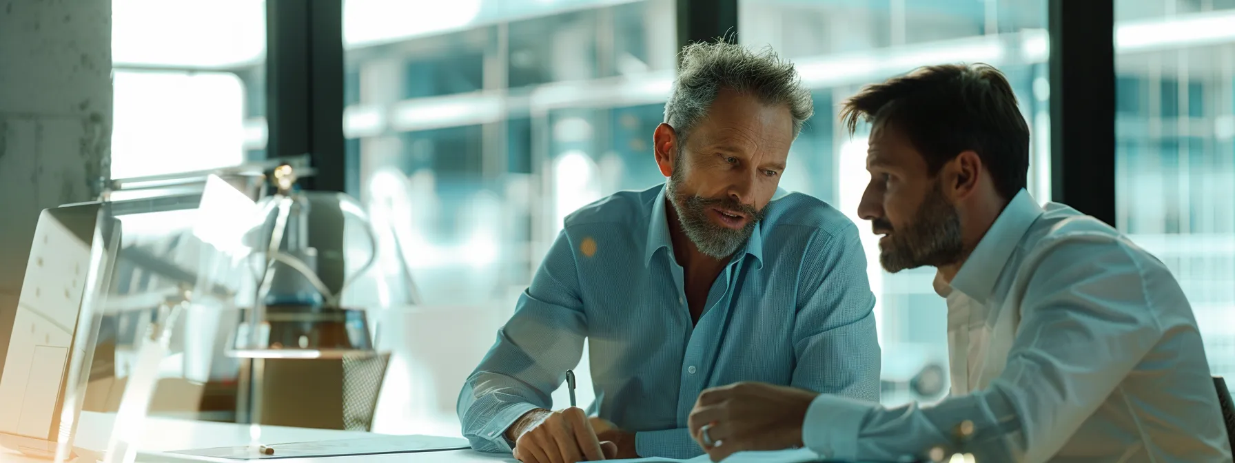 a focused shot of a professional consultant discussing bond renewal options with an attentive electrical contractor in a well-lit office, symbolizing stability and strategic planning in the construction industry.