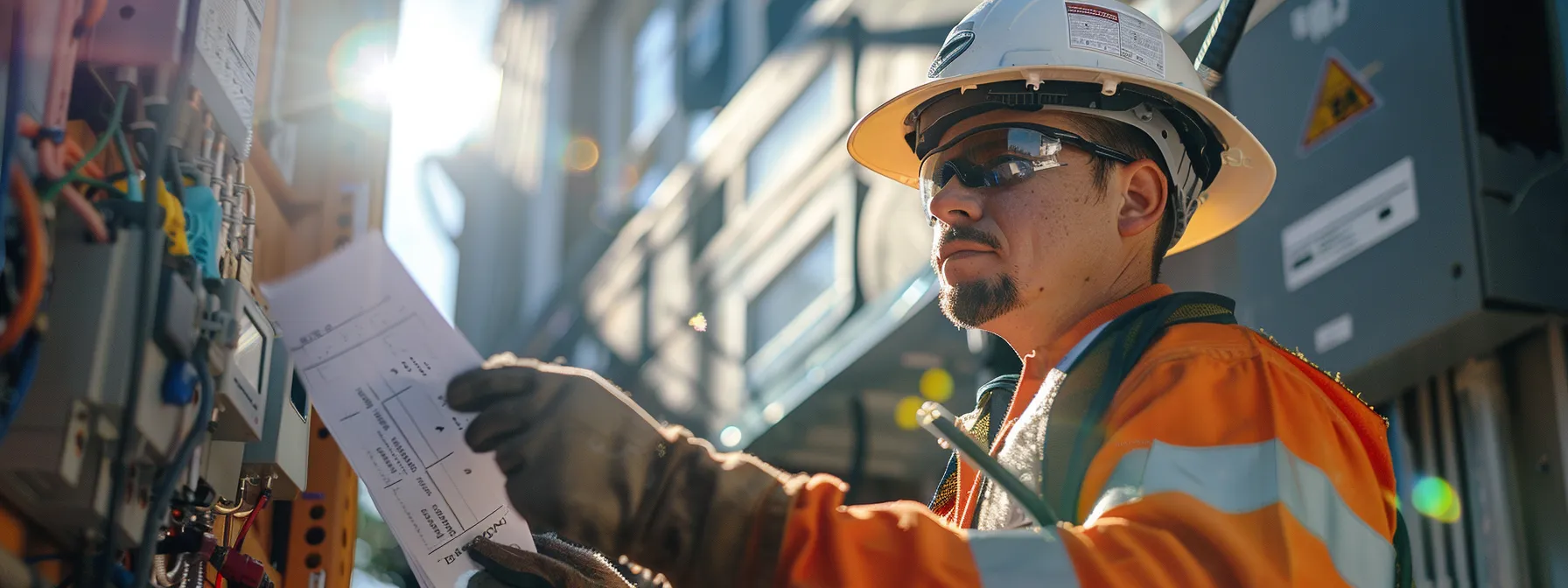a focused shot of a new jersey electrical contractor inspecting a job site, surrounded by compliant safety gear and licensing documents, under bright, natural sunlight illuminating the scene.