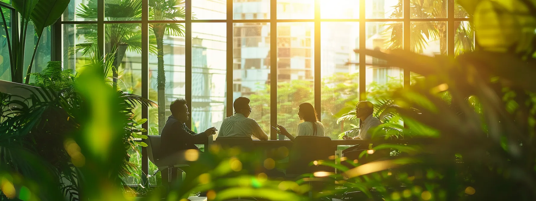 a modern office setting in florida, featuring diverse employees engaged in a lively discussion about innovative benefits packages, surrounded by vibrant greenery and natural light filtering through large windows.
