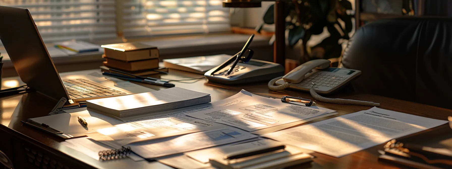 a professional desk is neatly arranged with essential documents for a new jersey used dealer bond application, including identification forms, financial statements, and business licenses, all illuminated by soft, natural light streaming through a nearby window.