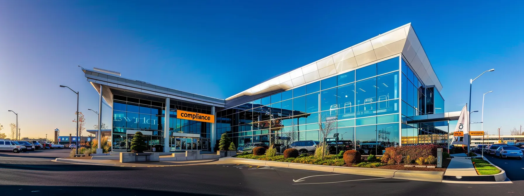 a professional used car dealership stands proudly under a clear blue sky, with a bright