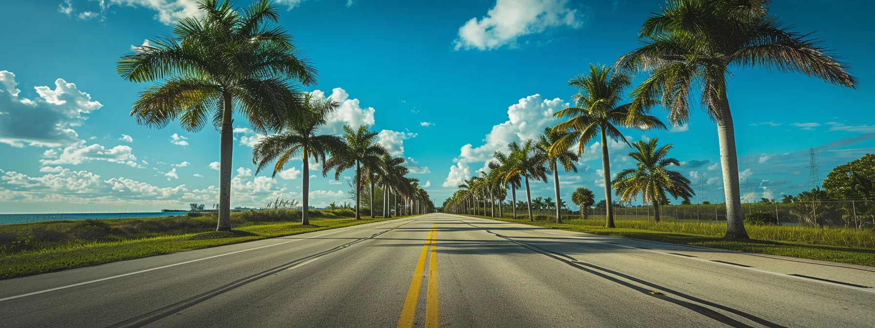 a serene florida highway stretches into the horizon, flanked by vibrant palm trees under a bright blue sky, symbolizing drivers' journey through auto insurance laws and the peace of mind that comes with understanding their responsibilities.