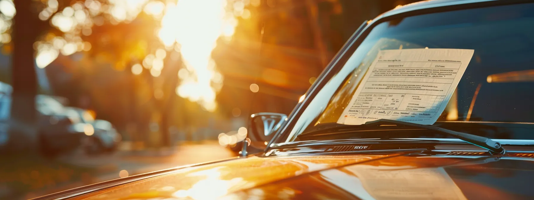 a striking close-up of a florida motor vehicle with a prominent bond certificate laid across the windshield, bathed in warm sunlight, symbolizing the connection between motor vehicle bonds and auto insurance rates.