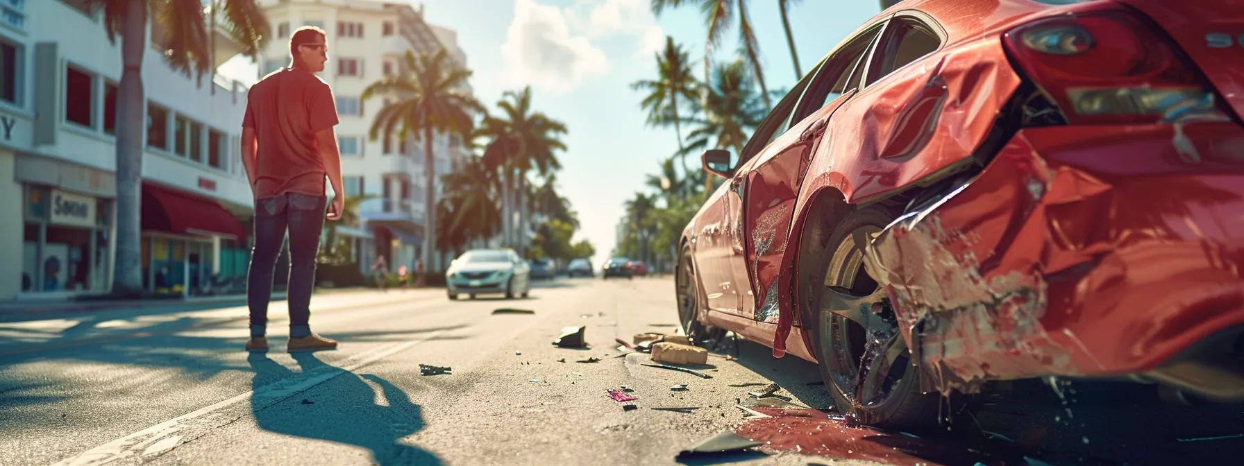a striking image of a worried driver standing beside a damaged car on a sunny miami street, with a stark contrast between the vibrant surroundings and the looming threat of financial and legal consequences represented by shadowy legal documents in the background.