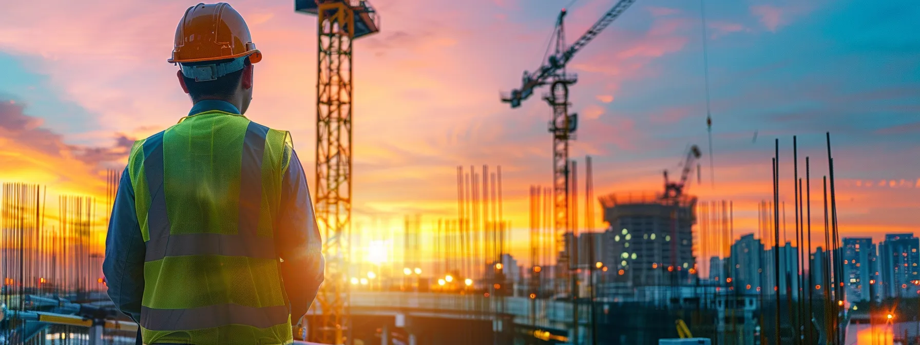 a striking visual of a bustling construction site in new jersey, with contractors reviewing updated bonding regulations against a backdrop of modern skyscrapers, illuminated by the warm glow of the setting sun.