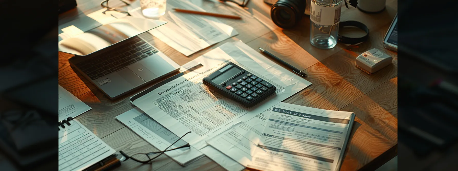 a thoughtfully composed flat lay featuring a calculator, insurance documents, and a sleek laptop, illuminated by soft natural light, symbolizing the analysis of general liability insurance costs for small businesses in florida.