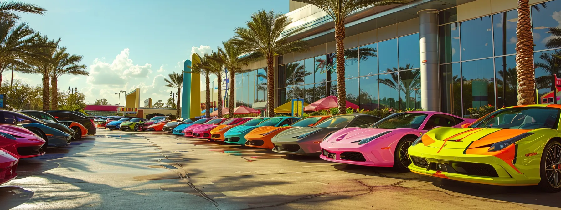 a vibrant florida car dealership showcases an array of colorful vehicles under bright sunshine, symbolizing the dynamic nature of maintaining motor vehicle bonds amidst the evolving automotive market.