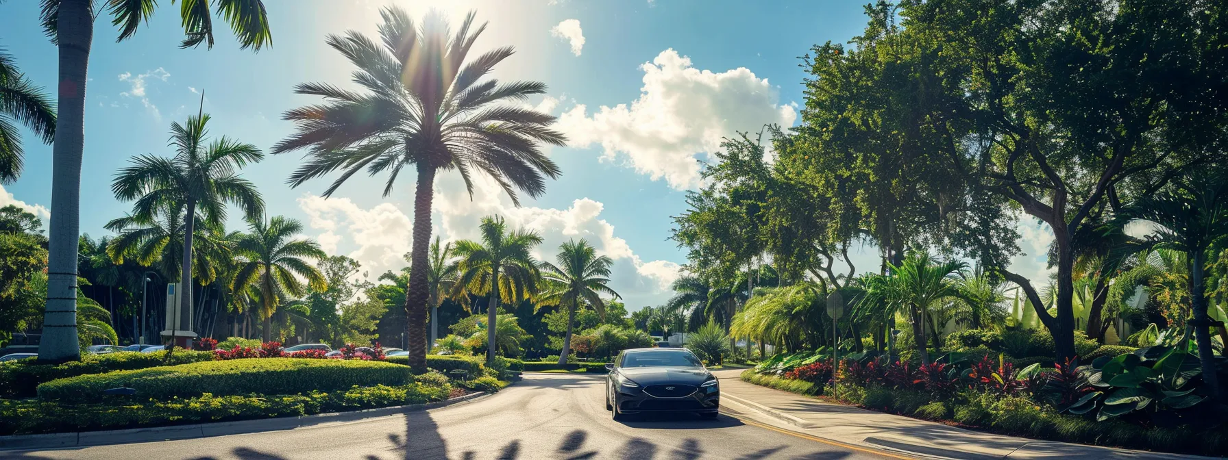 a vibrant florida highway scene showcases a sleek car parked under a bright sun, surrounded by tropical greenery, symbolizing the essential auto insurance coverage required for drivers in the state.