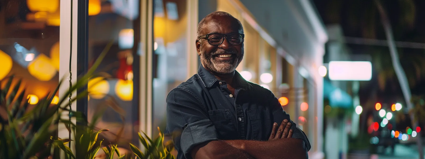 a vibrant image of a confident florida business owner standing proudly before their storefront, radiating a sense of security and assurance, symbolizing the essential protection of general liability insurance.