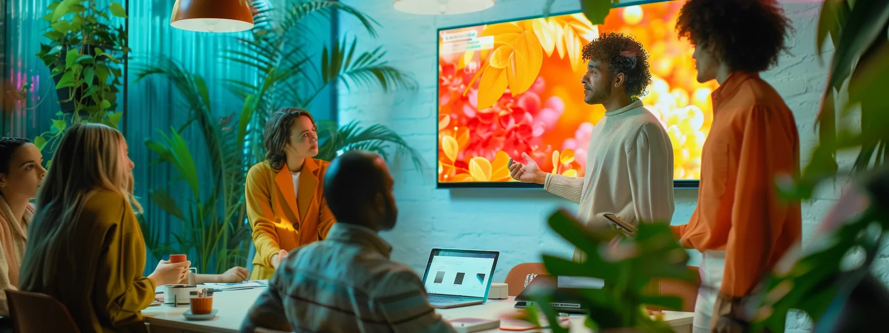 a vibrant office environment depicts a group of diverse employees engaged in a dynamic discussion around a glowing screen displaying various employee benefits, symbolizing collaboration and effective employee insurance management.