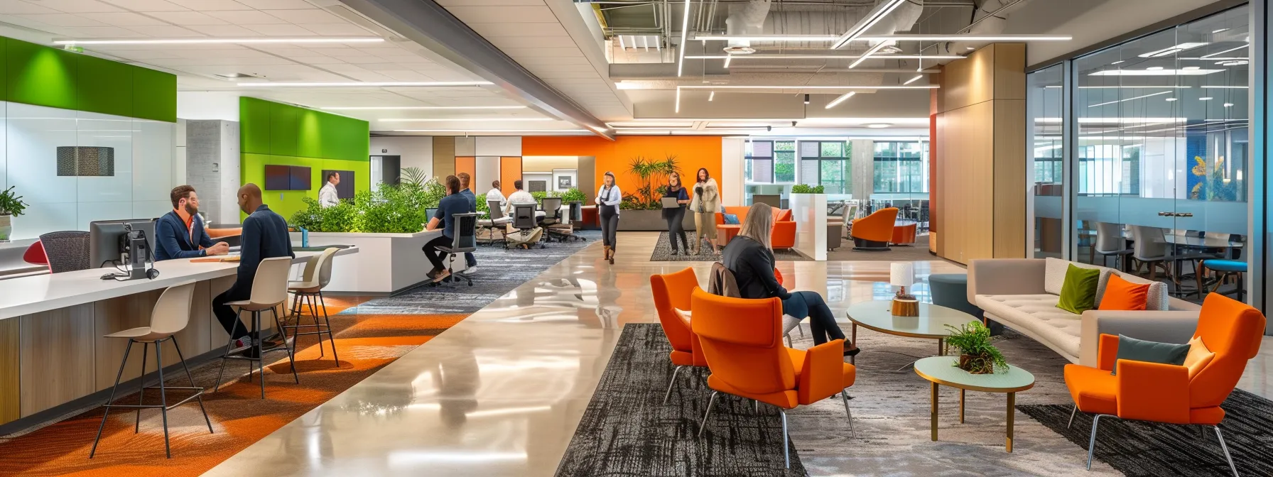 a vibrant office environment showcases a group of diverse professionals engaged in a spirited discussion, with visual elements symbolizing employee benefits like health coverage and life insurance prominently featured, reflecting a culture of satisfaction and retention.