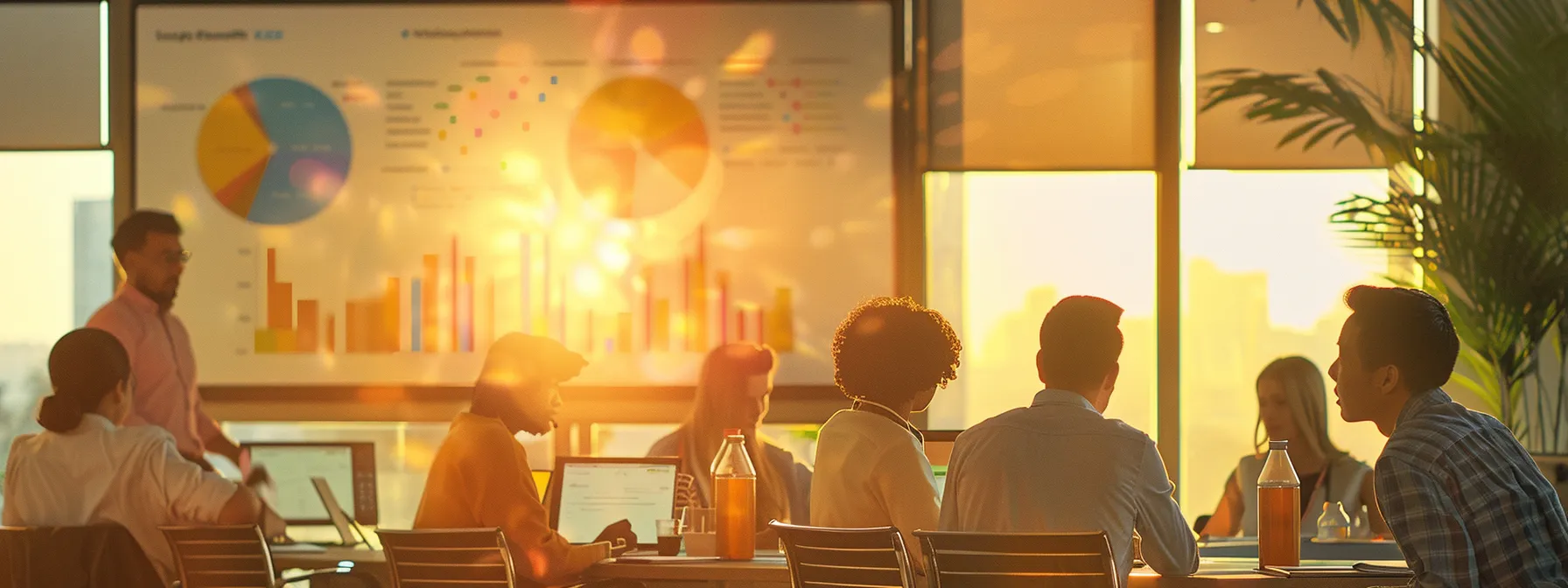 a vibrant scene depicting a diverse group of employees engaged in a collaborative meeting, surrounded by colorful charts and documents symbolizing employee benefits insurance, illuminated by warm, natural light streaming through large windows.