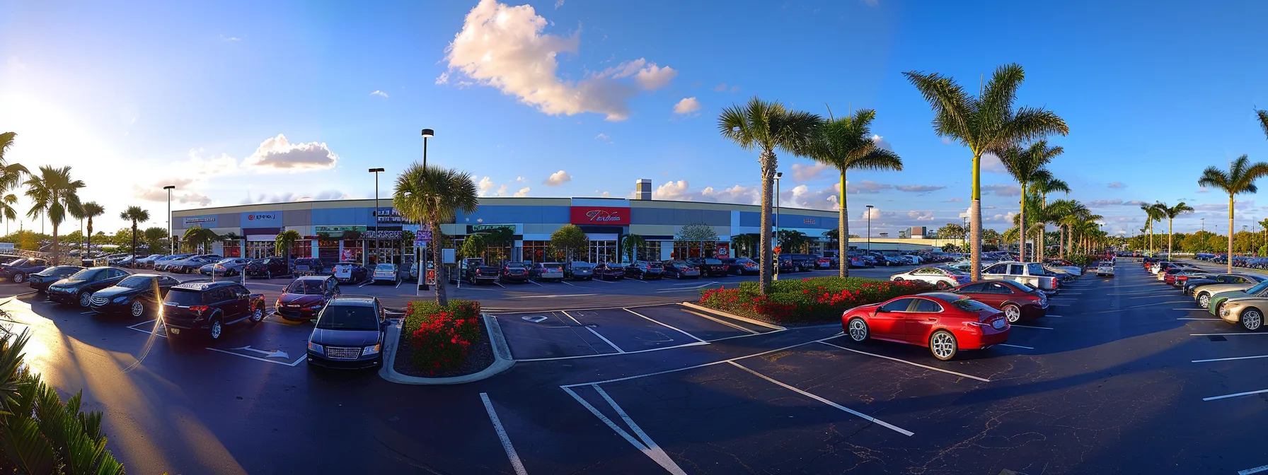 a vibrant scene of a florida auto dealership showcases rows of gleaming cars under a bright blue sky, symbolizing the integrity and trust fostered by motor vehicle bonds in the auto insurance landscape.