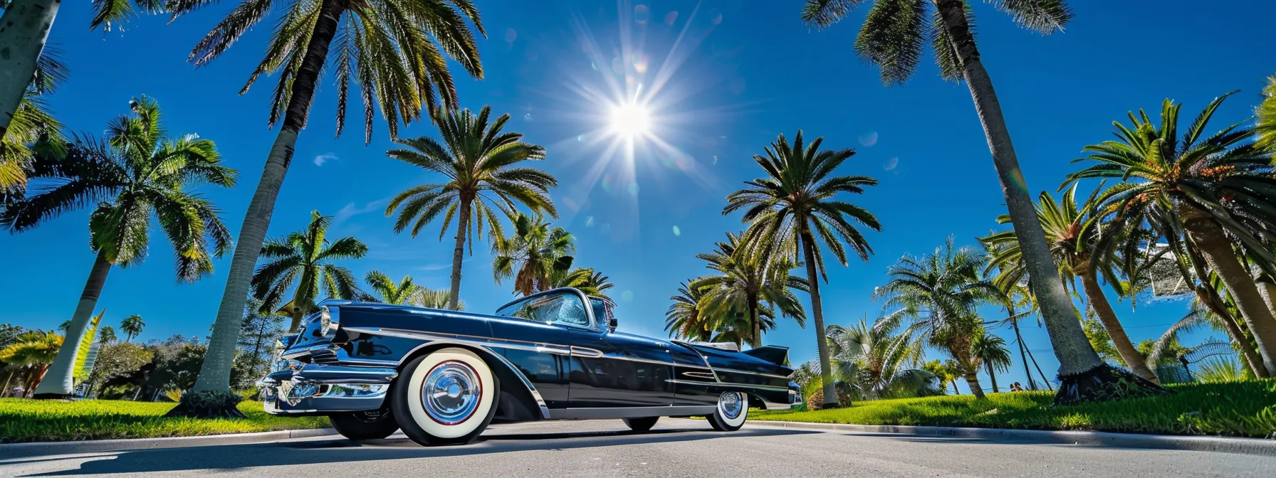 a vibrant scene of a classic car parked under palm trees, with a bright blue sky reflecting florida's sunny disposition, embodies the theme of navigating auto insurance options amidst local resources and expert guidance.