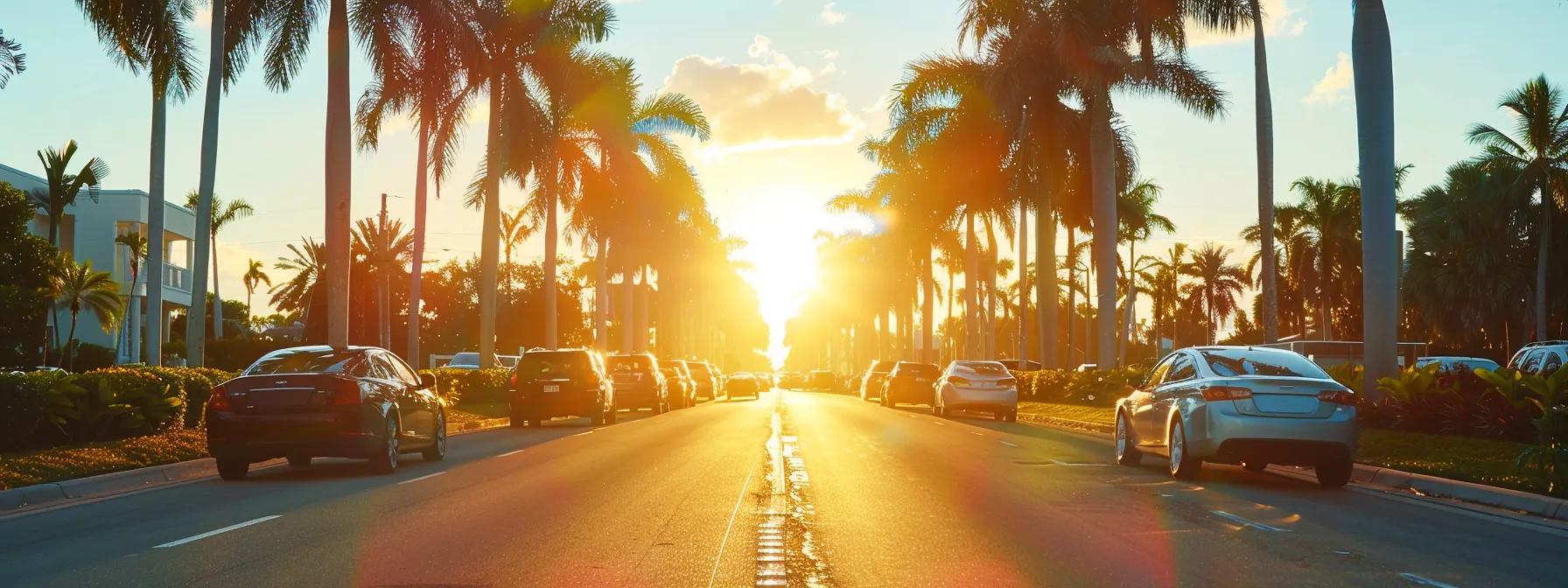 a vibrant, sunlit florida road lined with palm trees showcases a diverse range of cars, symbolizing the essential need for comprehensive insurance coverage, with a clear blue sky enhancing the sense of safety and compliance.