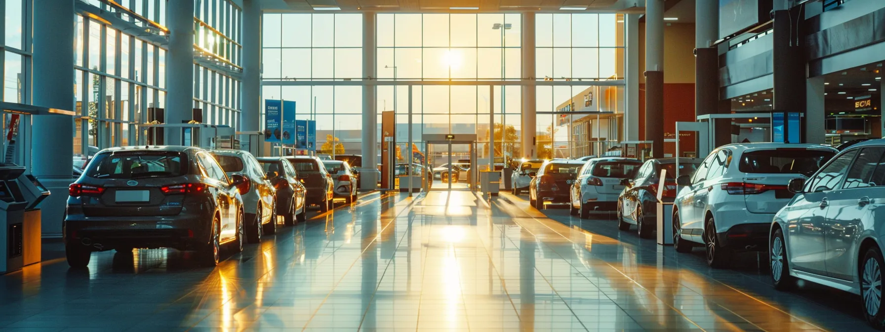 a visually captivating scene of a bustling auto dealership showcasing diverse vehicles surrounded by clear signage depicting various alternative surety bonds, illuminated by bright morning sunlight filtering through large windows.