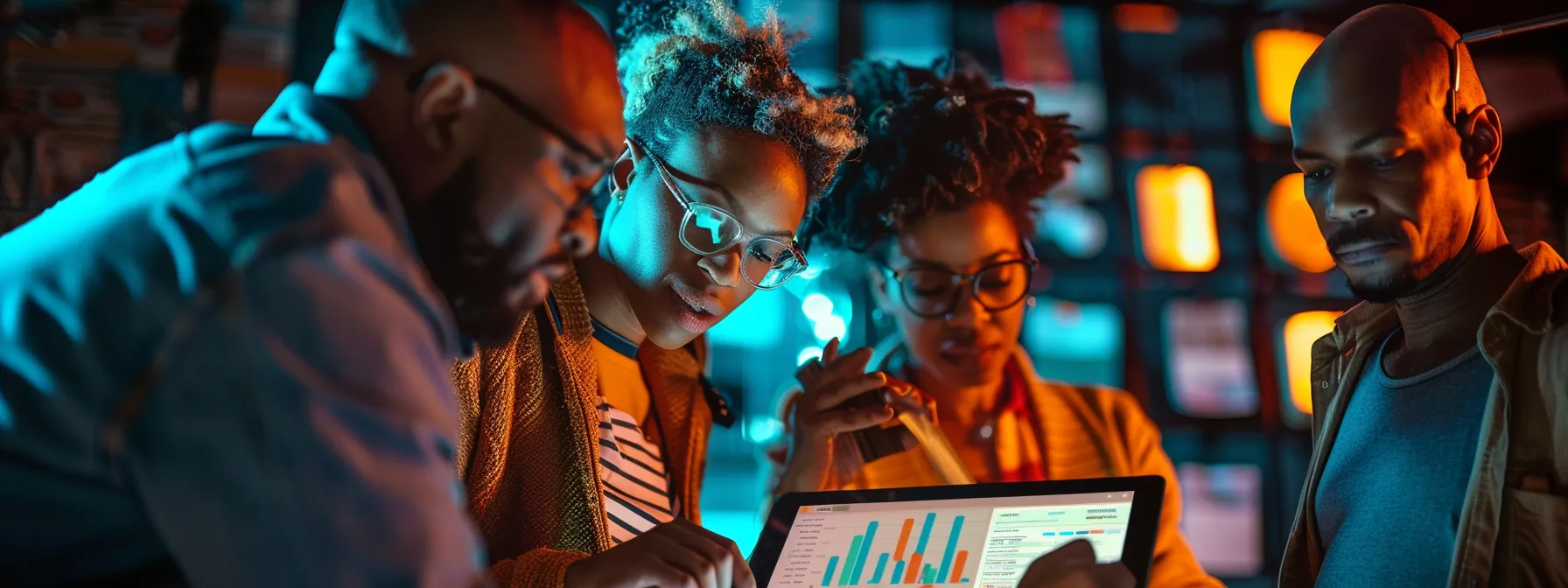 a visually striking representation of a diverse group of individuals analyzing layered car insurance quotes on a digital tablet, surrounded by vibrant graphs and comparison charts, showcasing the theme of informed decision-making in auto insurance.