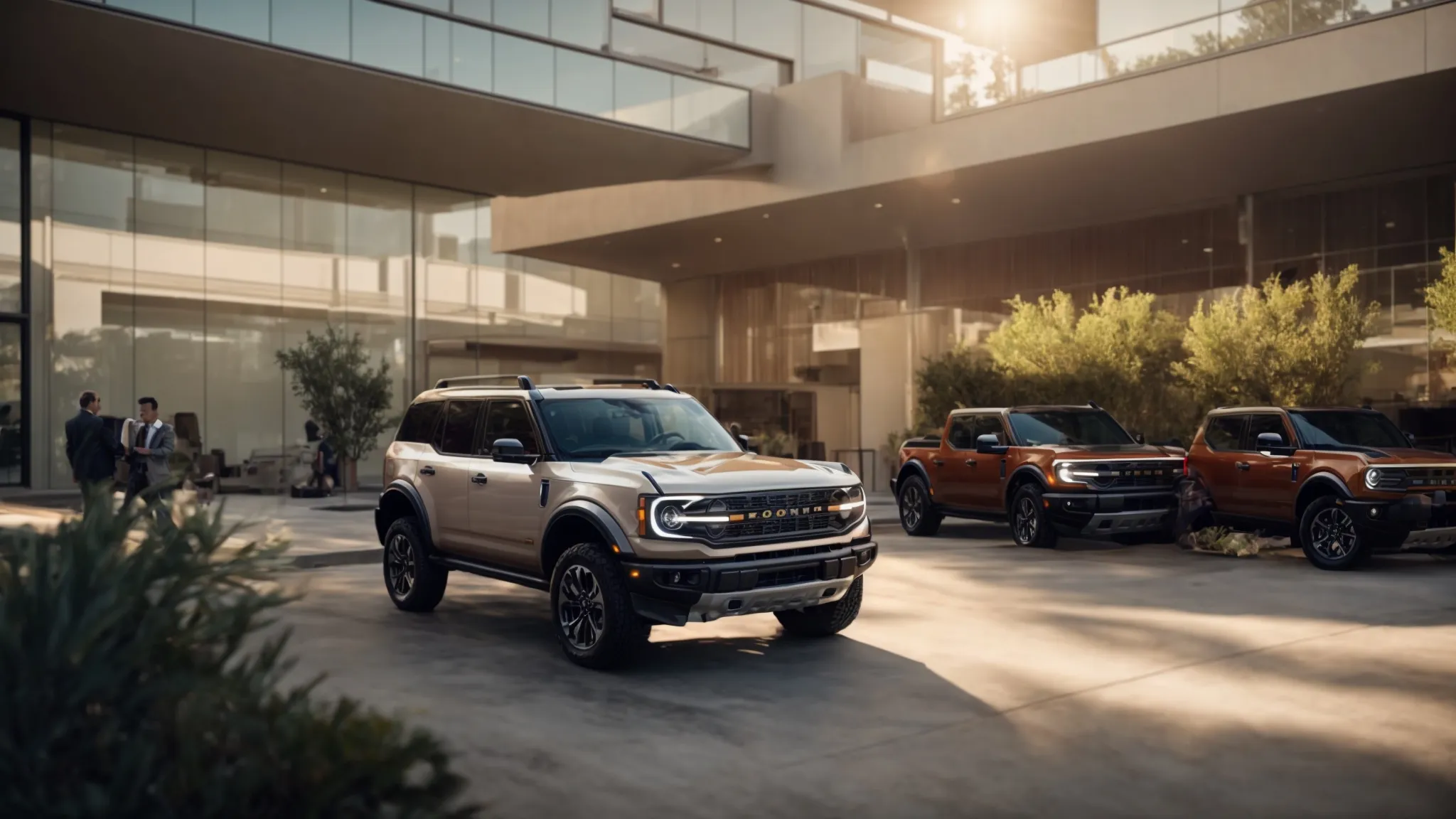 a dynamic auto dealership bustling with activity, featuring a confident dealer showcasing a shiny ford bronco, illuminated by warm sunlight that highlights the vibrant vehicles and emphasizes the importance of maintaining active bonds for secure transactions.