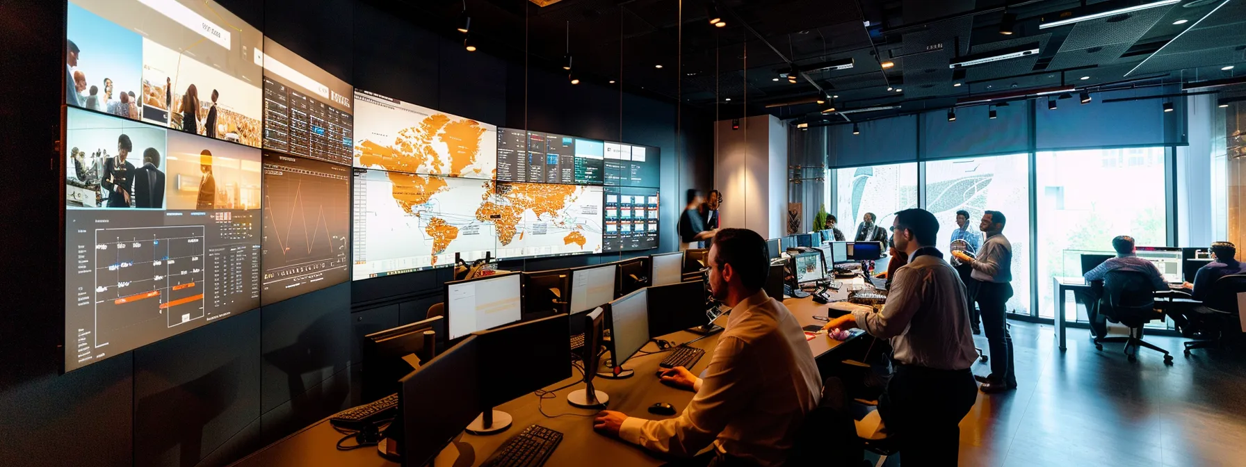 a dynamic office environment showcasing a diverse team of professionals analyzing financial graphs and charts on sleek digital screens, emphasizing the complex interplay of credit history and pricing strategies in the distribution market.