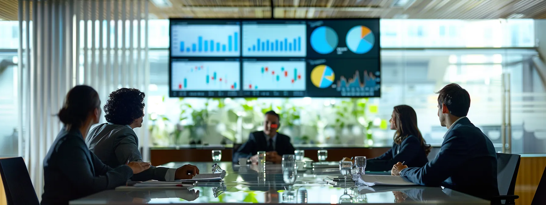 a focused interior scene of a professional office with a sleek conference table, where a diverse group of business professionals are engaged in a strategic discussion about alcohol tax bonds, with informative charts and legal documents prominently displayed on digital screens.