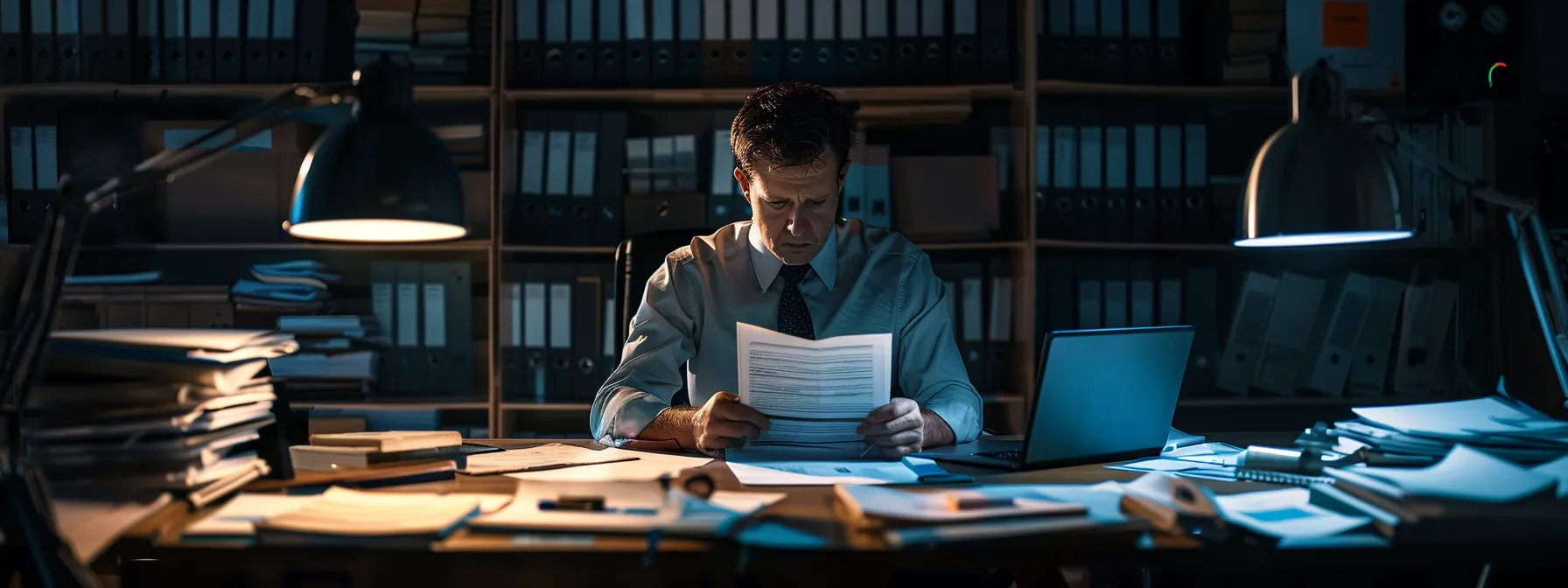 a focused office environment showcases a professional seated at a sleek desk, reviewing a detailed application guide for obtaining a private investigator bond, surrounded by stacks of organized paperwork and an open laptop displaying relevant state-specific information.