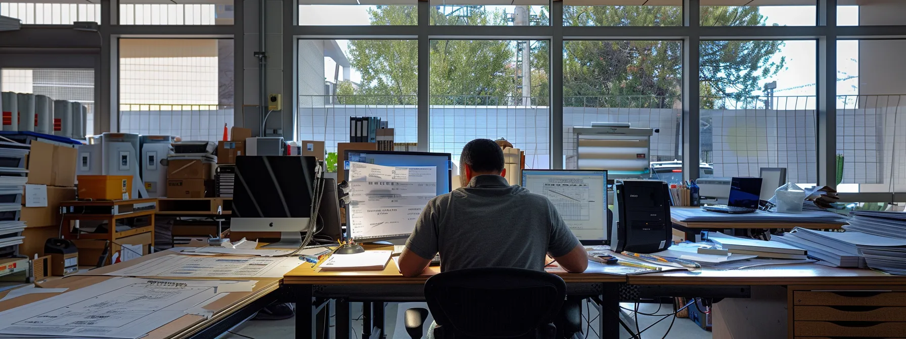 a focused office environment showcases a professional hvacr contractor reviewing compliance documents surrounded by blueprints and digital inspection tools, conveying a strong sense of accountability and trust in adherence to industry standards.