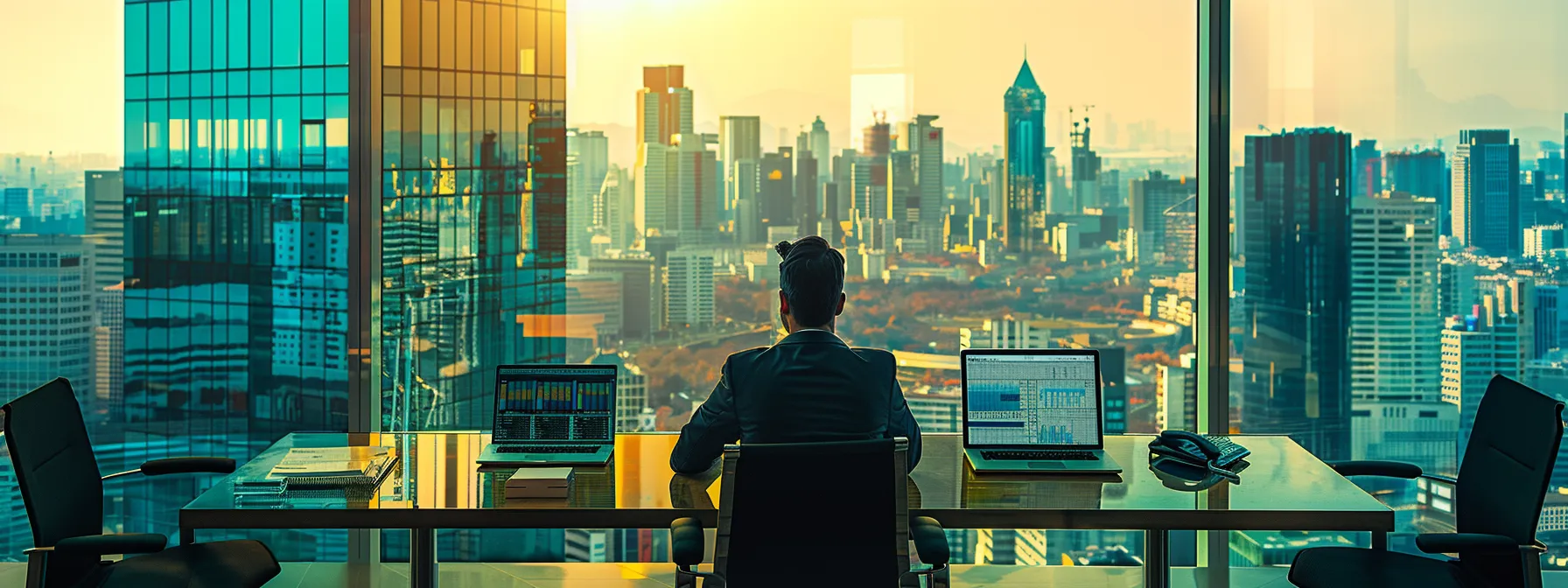 a focused office environment showcases a conference table laden with financial reports and a laptop displaying bond pricing charts, with a professional discussing the intricacies of plumber bonding factors against a backdrop of urban city skyline through large windows.
