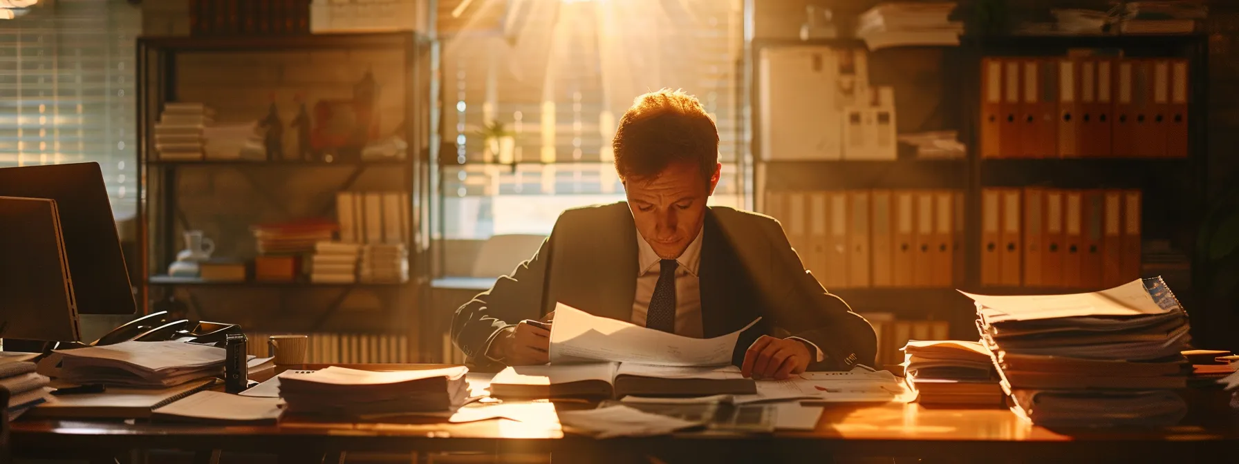 a focused office scene showcases a dedicated private investigator reviewing bond documents under the warm glow of overhead lighting, surrounded by files relevant to various industries like liquor and construction, emphasizing the meticulous nature of verifying compliance and operational readiness.