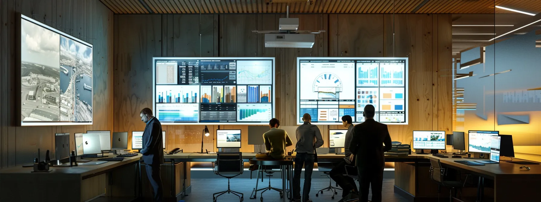 a focused office scene showcasing a diverse group of contractors engaged in a discussion around a sleek conference table, surrounded by charts and reports on plumbing bond costs, illuminated by bright lighting that enhances the professional atmosphere.