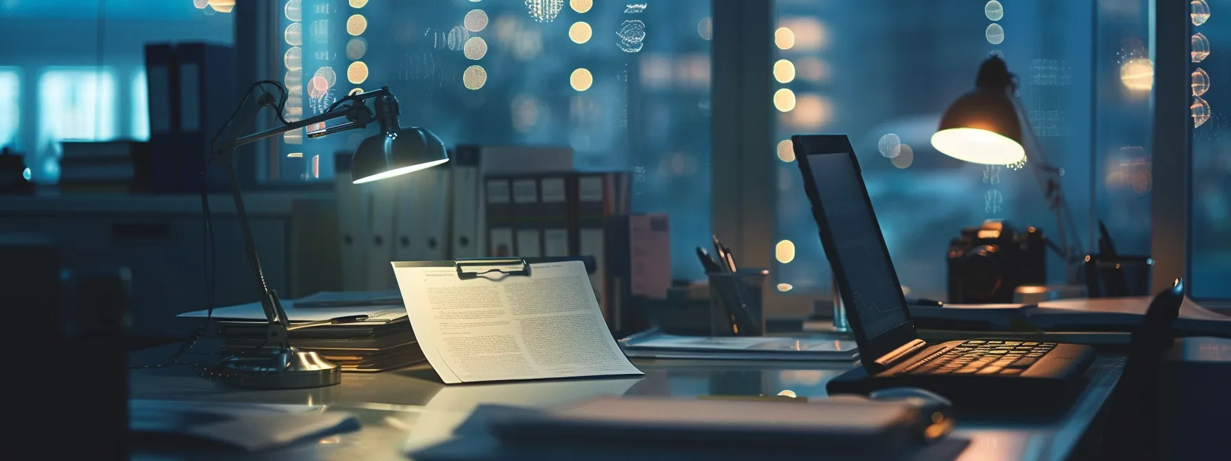 a focused urban office setting showcases a neatly organized desk with an open folder containing documents on private investigator licensing, paired with a confident professional reviewing applicants under bright fluorescent lighting.
