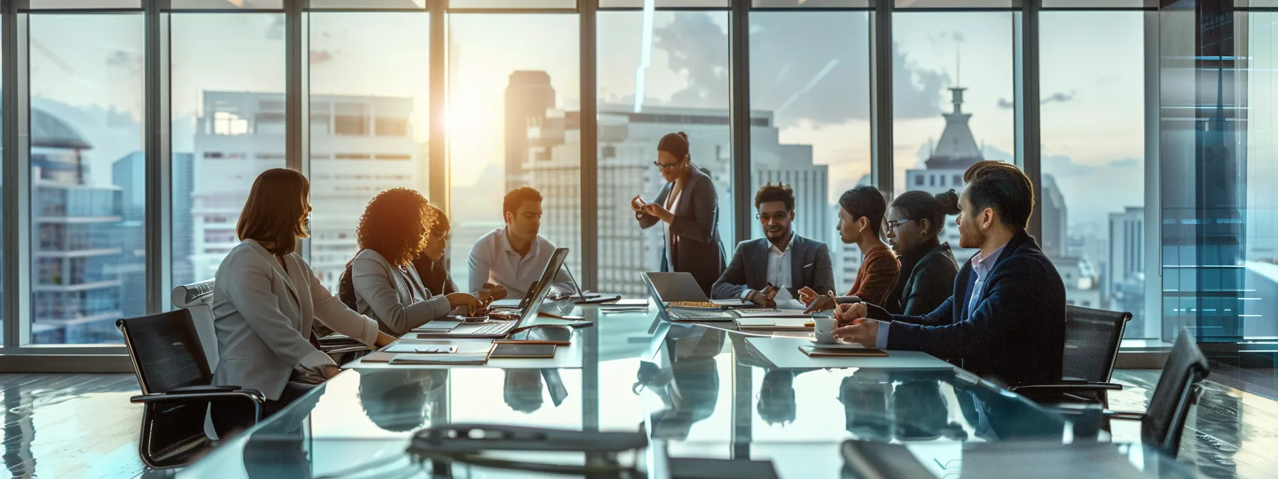 a modern office environment showcases a diverse group of professionals engaged in a focused discussion around a large conference table, with documents and digital devices displaying bond renewal processes and compliance charts against a backdrop of sleek urban architecture.