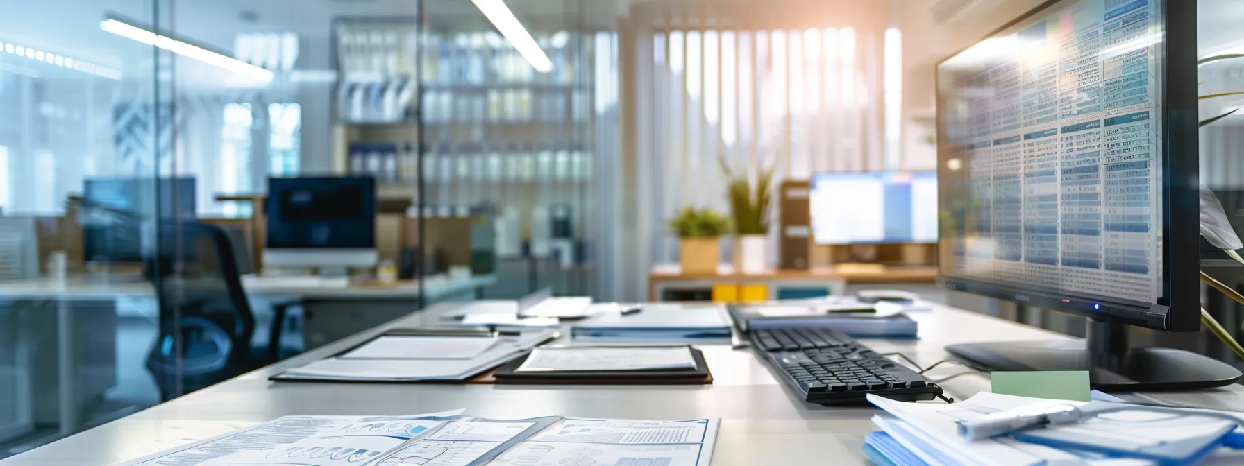 a modern office environment displays a neatly organized workspace with compliance-related documents on a sleek desk, flanked by a digital screen showcasing bonding guidelines and strategies, bathed in bright, professional lighting that emphasizes clarity and focus.