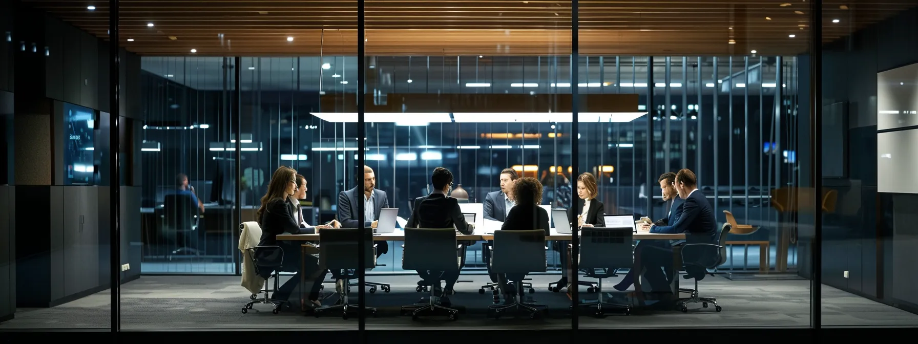 a modern office setting features a conference table cluttered with legal documents and a laptop, embodying the complexities of title bond applications, while a focused group of professionals engages in a serious discussion, illuminated by sharp artificial lighting.