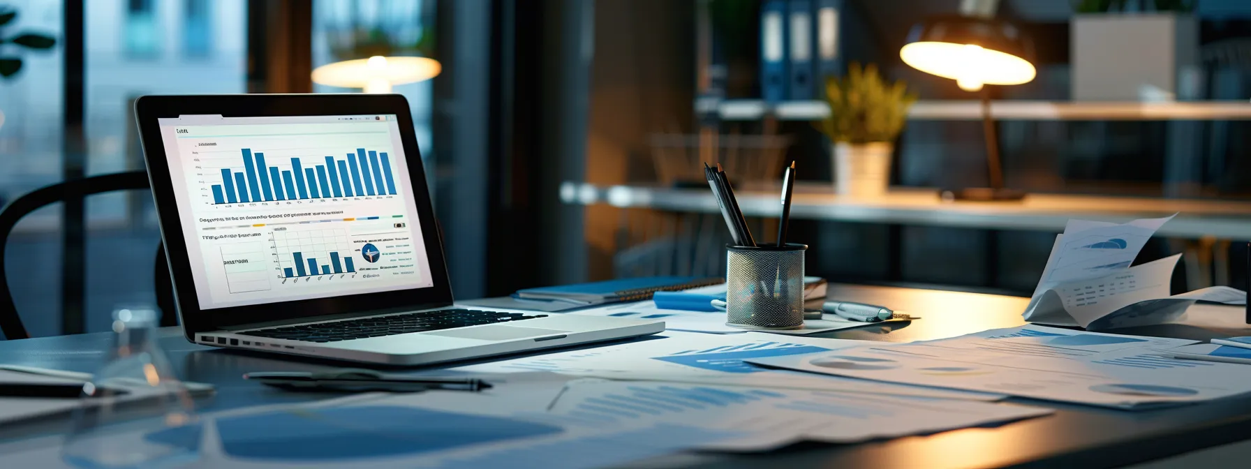 a modern office workspace, featuring a sleek desk with organized paperwork and documents, a laptop open to a digital application form, and a backdrop of charts and graphs illustrating alcohol tax bond processes specific to various regions, all illuminated by bright, focused lighting to emphasize productivity and professionalism.