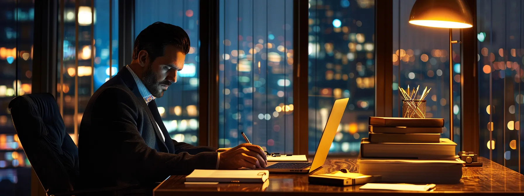 a polished office environment features a confident private detective reviewing a legal binder filled with documents, illuminated by a modern desk lamp, as a sleek laptop displays digital insights alongside a city skyline visible through a large window.