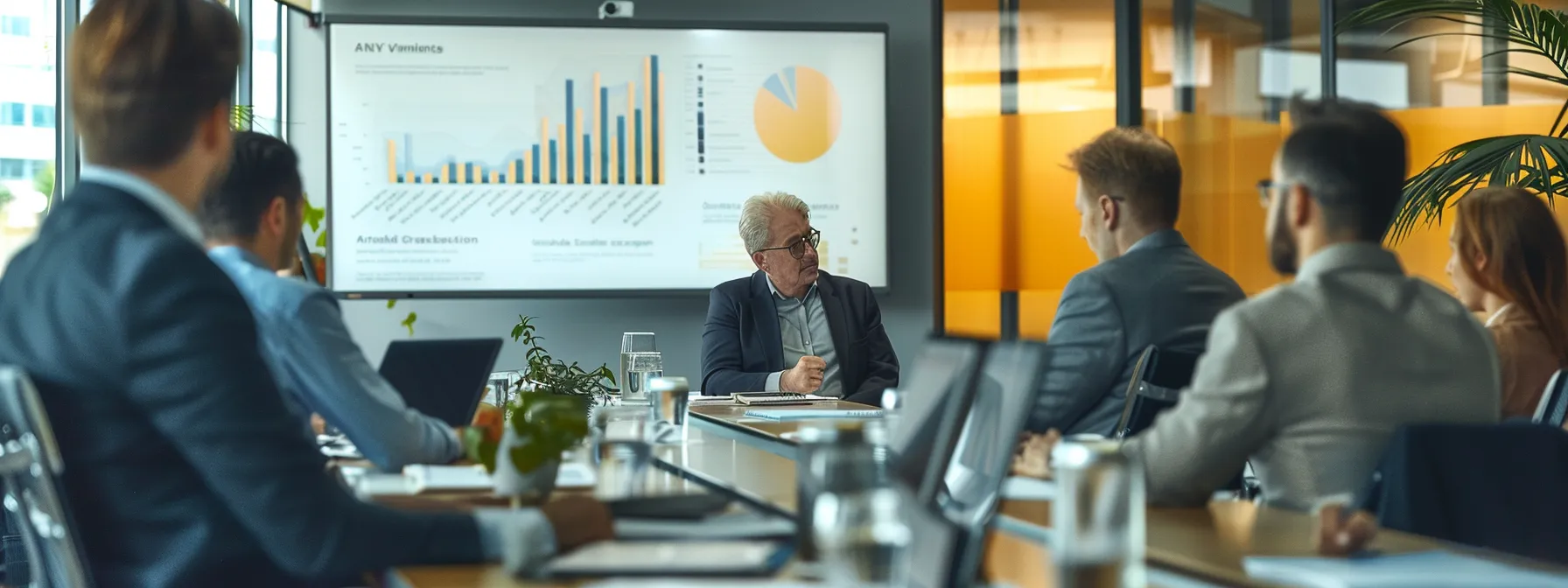 a professional office environment showcases a detailed presentation on surety bond requirements, featuring a sleek projector screen filled with concise legal graphics and regulatory documents, while a diverse group of attentive business professionals engages in discussion and note-taking at a modern conference table.