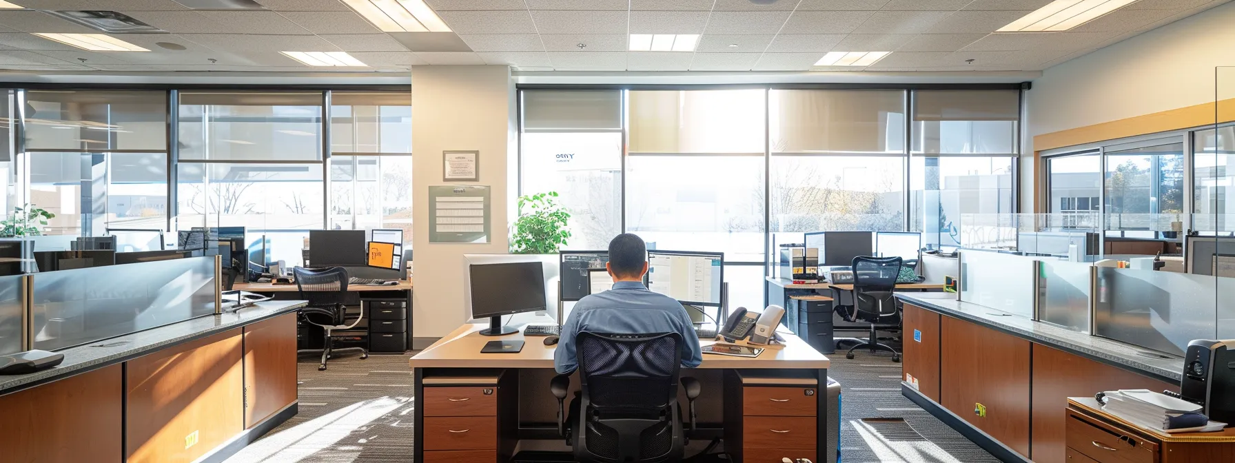 a professional office environment showcases a focused contractor reviewing hvacr bond information on a sleek laptop, surrounded by industry-related documents and compliance resources, emphasizing the importance of risk management and consumer protection in new jersey's hvac industry.