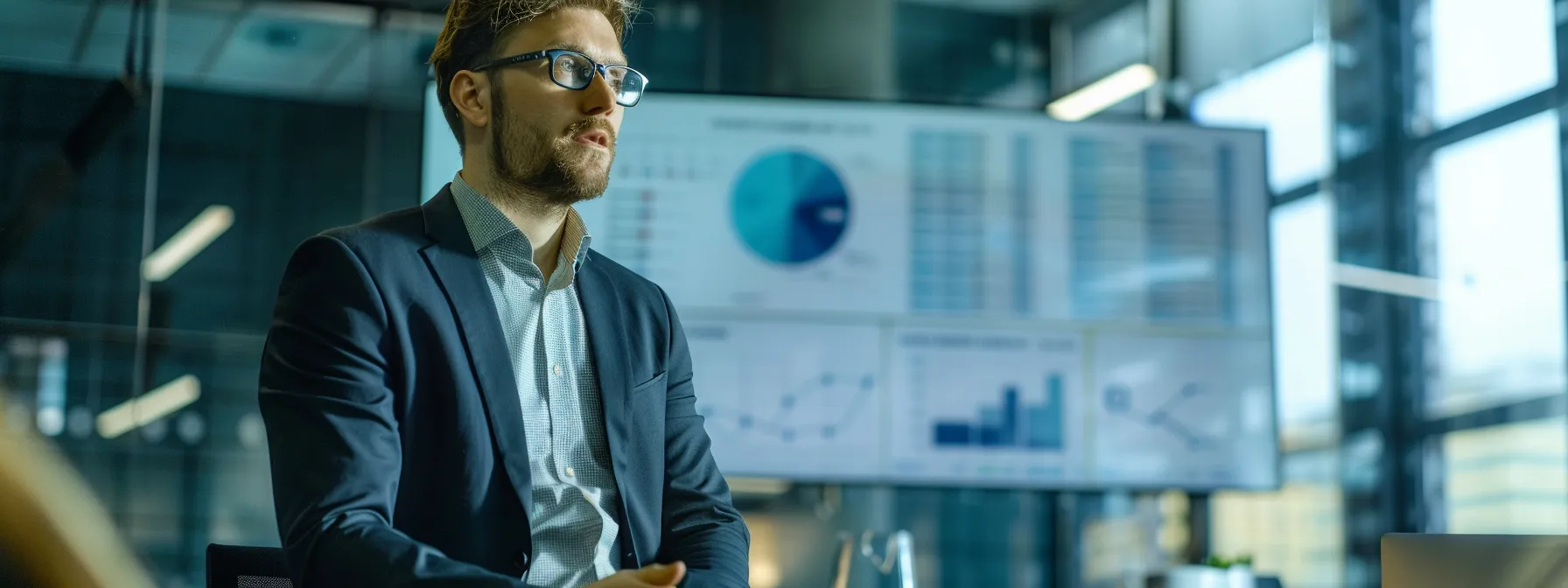 a professional office environment features a confident entrepreneur discussing the significance of a collection agency bond over a sleek conference table, with financial documents and digital screens displaying relevant data about compliance and protection against fraud.