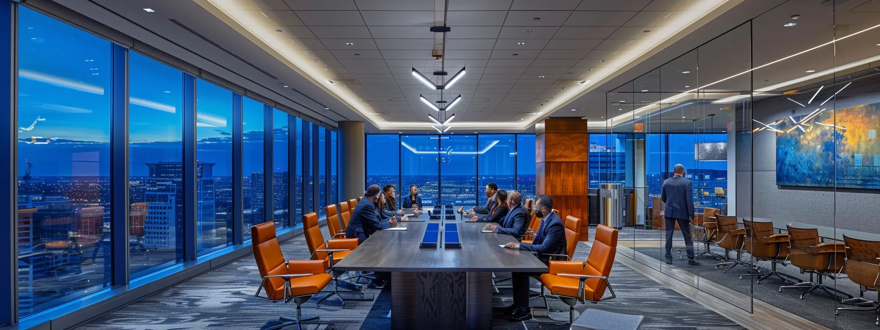 a professional office setting featuring a sleek conference table with diverse business professionals actively discussing a flowchart that outlines the nebraska surety bond process, illuminated by soft overhead lighting and modern design elements.
