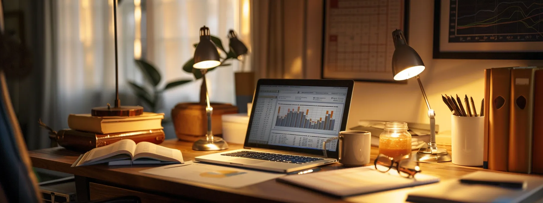 a professional office workspace, featuring a neatly arranged desk with financial documents and a laptop displaying charts on mobile home bond costs, illuminated by warm artificial lighting to emphasize the analytical atmosphere.