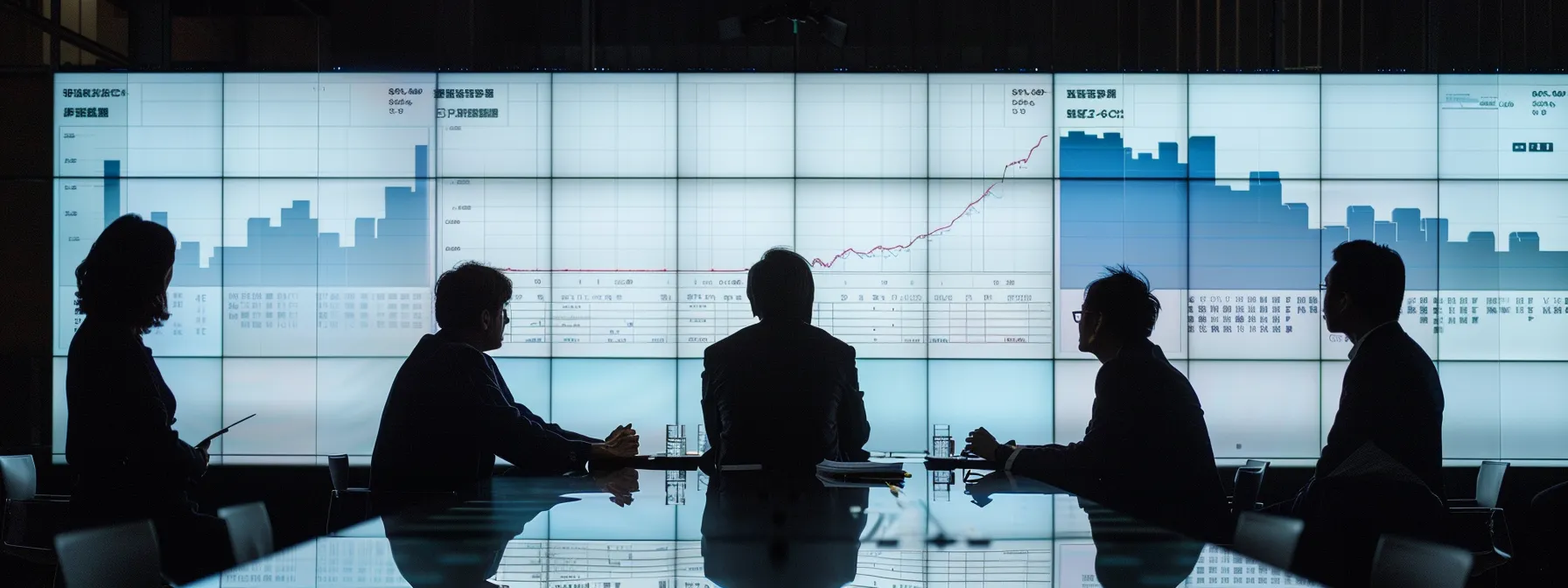 a sharp, modern office environment featuring a large digital screen displaying bond pricing calculations and regulatory graphs, with focused professionals engaging in a strategic discussion around a sleek conference table.