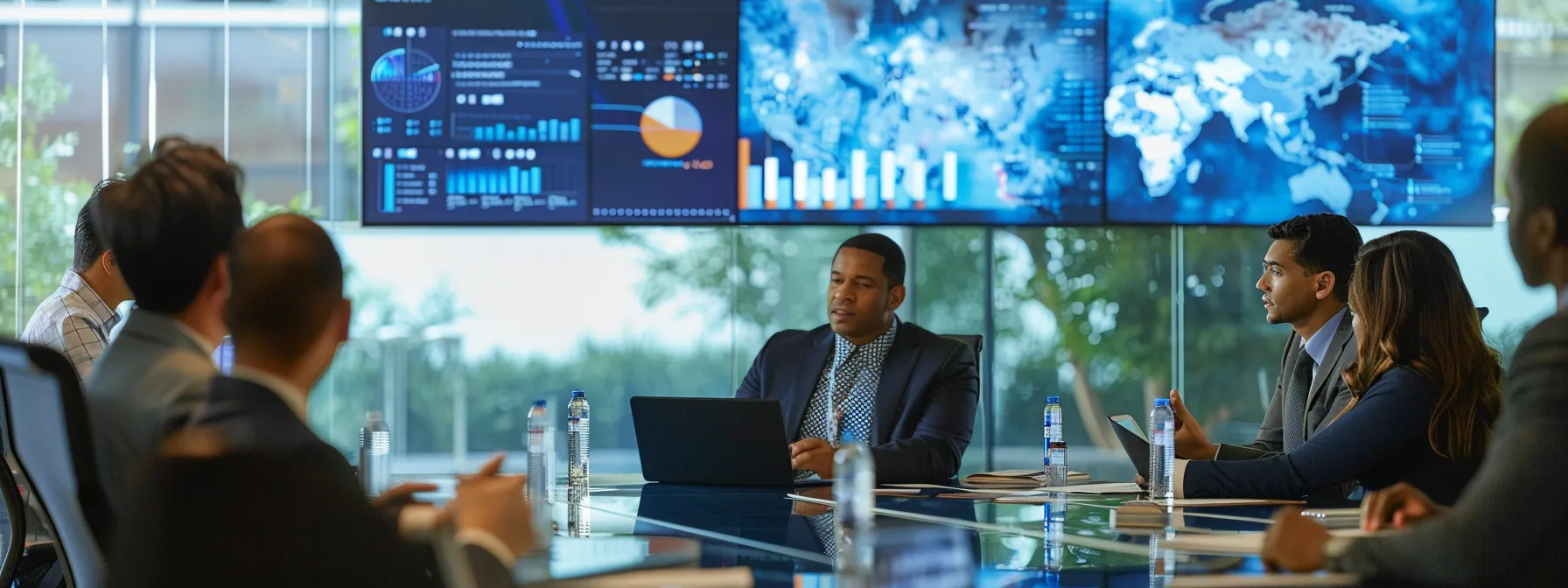 a sharp, modern office setting features a diverse group of professionals engaged in a focused discussion around a sleek conference table, with visuals of bond cost charts and regional maps subtly displayed on screens, symbolizing the intricate factors influencing surety bond expenses across different states.